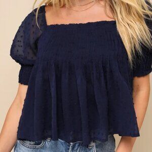 Lulus Navy Blue Swiss Dot Pintuck Puff Sleeve Top